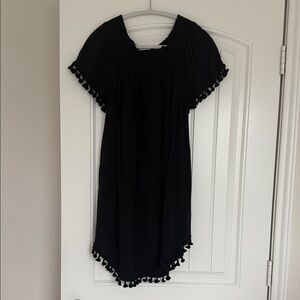 Black Off-the-shoulder Dress with Pom Pom Trim